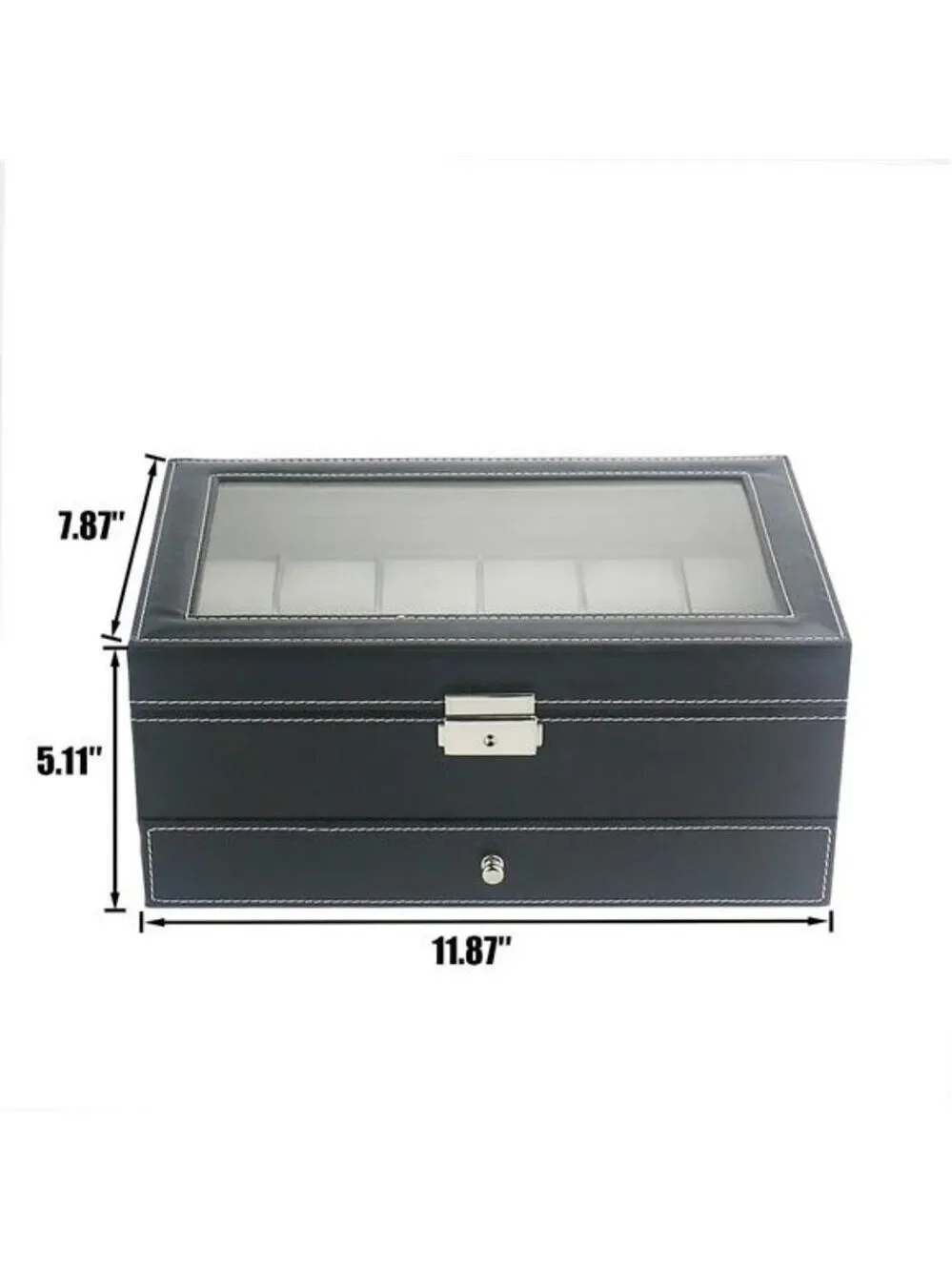 Watch Display Box 12 Slot PU Leather Jewelry Organizer with Glass Lid Drawer